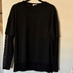 Black Top with Lace sleeves and bottom trim, oversized small NWOT